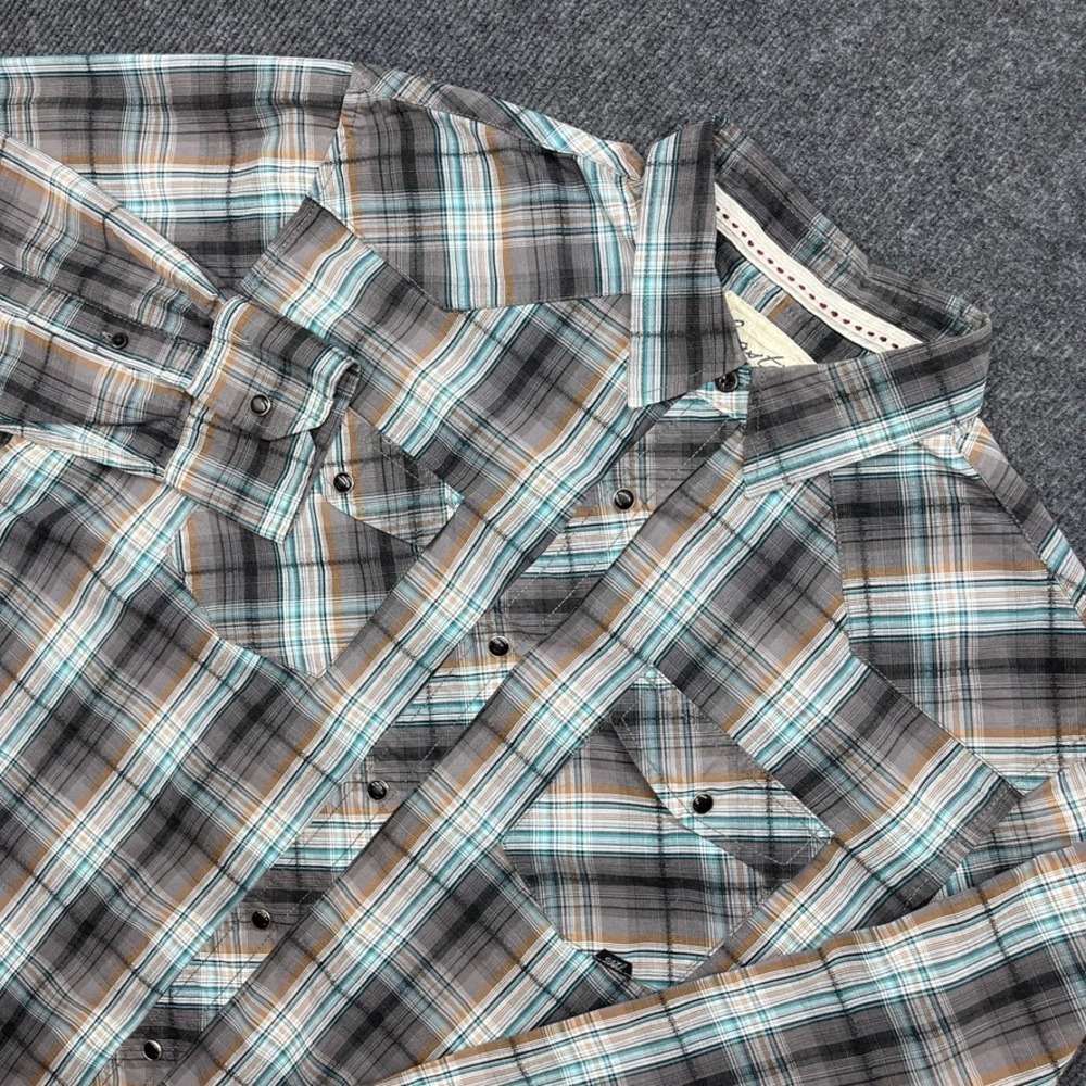 Coastal Mens XL Western Snap Plaid Shirt Gray Teal Long Sleeve Cotton Blend